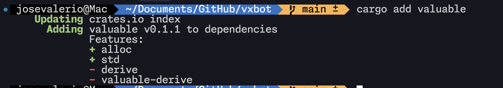 Terminal output from 'cargo add valuable' command showing the valuable crate being added to dependencies with version 0.1.1